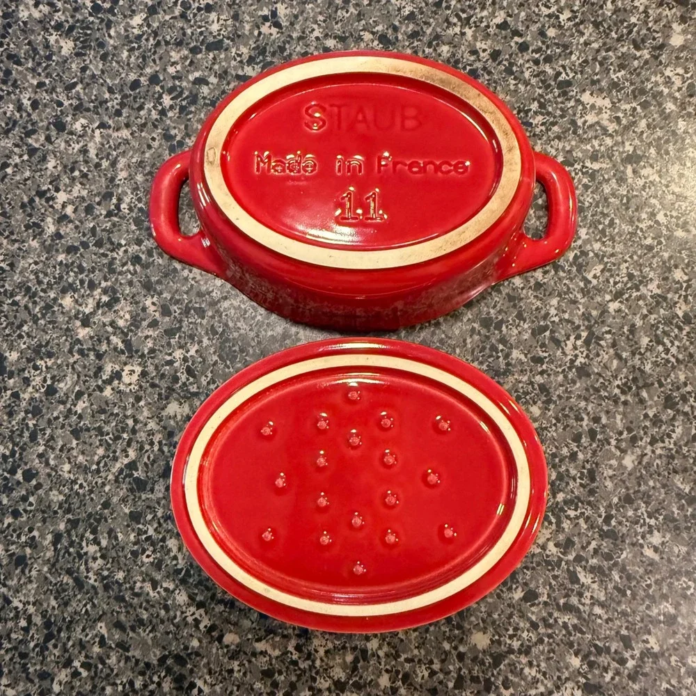 Staub Mini Cocotte Ceramic Oval Cherry Red Individual Casserole Dish Lid France